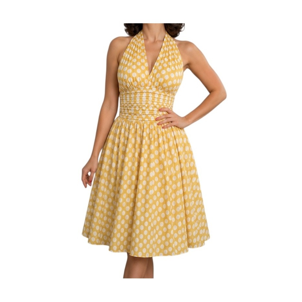 Robbie Bee Pinup Yellow Halter Polka Dot Retro Fit Flare Dress SZ 6 Rockabilly